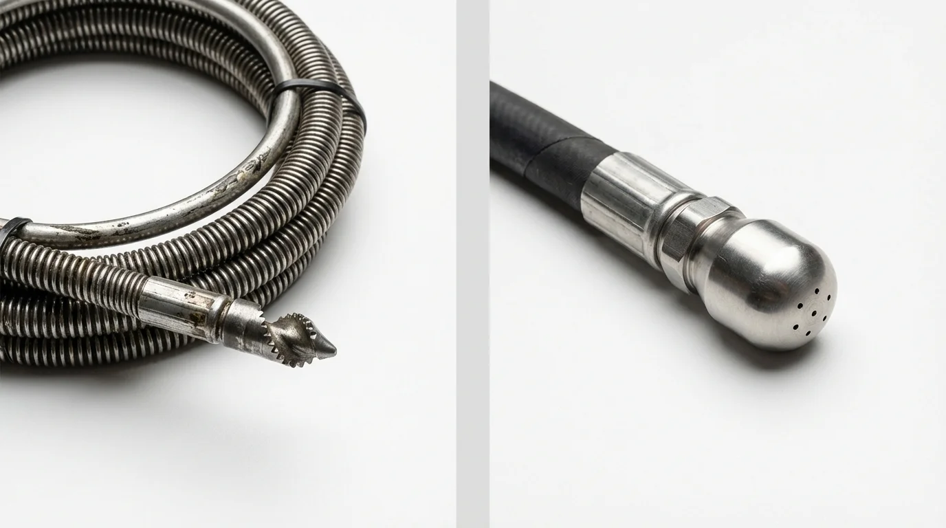 Drain snake cable and hydro jetting nozzle used for drain cleaning in Hempstead, NY